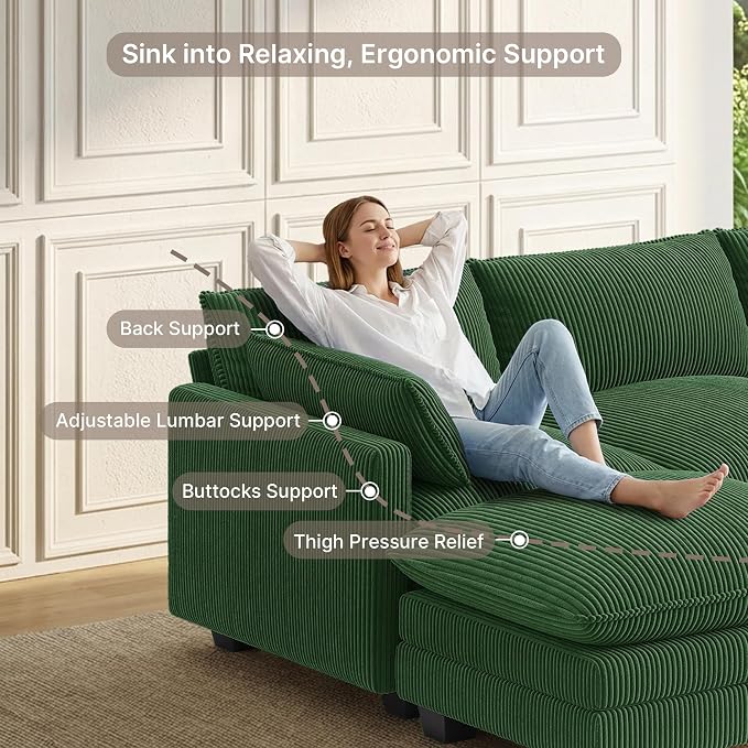 Gizoon 110'' Oversized L Shaped Couch for Living Room, Cloud Couches with Washable Corduroy Cover, Modern 4-Seater Comfy Deep-Seat Sofa with Movable Ottoman and 2 Throw Pillows for Apartment, Green