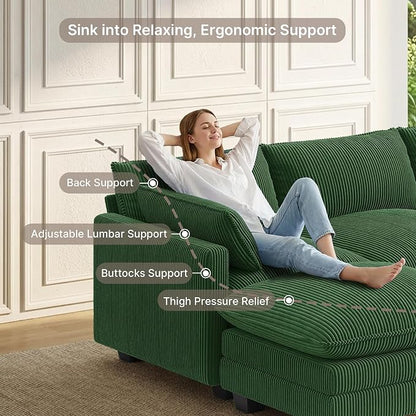 Gizoon 110'' Oversized L Shaped Couch for Living Room, Cloud Couches with Washable Corduroy Cover, Modern 4-Seater Comfy Deep-Seat Sofa with Movable Ottoman and 2 Throw Pillows for Apartment, Green