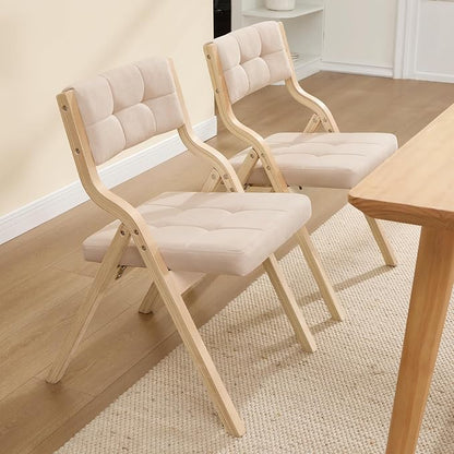 Folding Dining Chairs with Cushion Set of 2,Padded Foldable Dining Chairs,Portable Wooden Folding Chairs with Seat for Dining Rooms Kitchen Wedding Party Indoor Linen Khaki