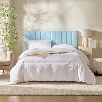 Hearth & Harbor Wall Mounted Full Headboard Only, Bed Headboard Full Size | Easy Assemble, Floating Peel and Stick, Upholstered, Channel Stitched, 3D Wall Panels, 5 Strips of 3M Tape Included, Ice Blue