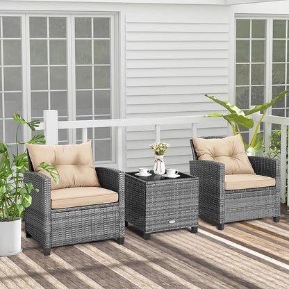 Tangkula 3 Pieces Wicker Patio Furniture Set, Outdoor Rattan Conversation Cushioned Chair Set with Tempered Glass Side Table, for Porch, Balcony and Garden