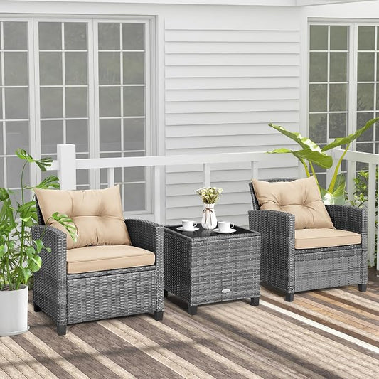COSTWAY 3PCS Patio Furniture Set, PE Rattan Wicker Sofa w/Washable Cushion and Coffee Table, Tempered Glass Tabletop, Outdoor Conversation Set for Balcony, Porch, Yard, Backyard, Lawn (Beige)
