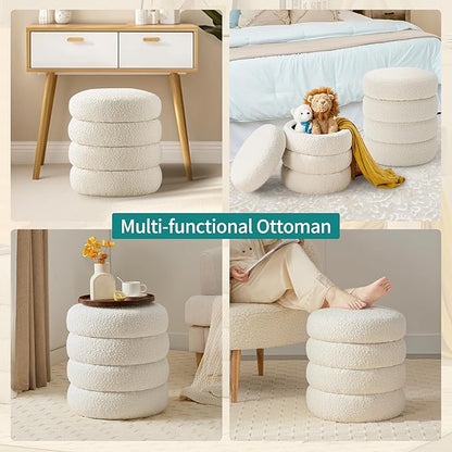 Busaurus Round Ottoman with Storage for Living Room Small Boucle Foot Stool Modern Upholstered Vanity Stool Ottoman Foot Rest for Dorm Corner Home Decor, Set of 2 (White)