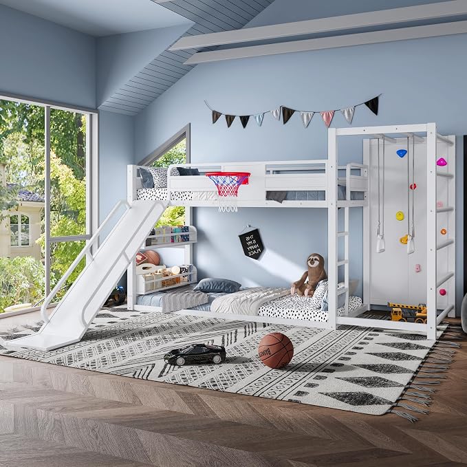 Bellemave Twin Size Bunk Bed with Basketball Hoop, Pull-up Rings and Climbing Wall, Twin Bunk Bed with Slide and Bookcase, Heavy Duty Bunk Beds with Guardrail, White