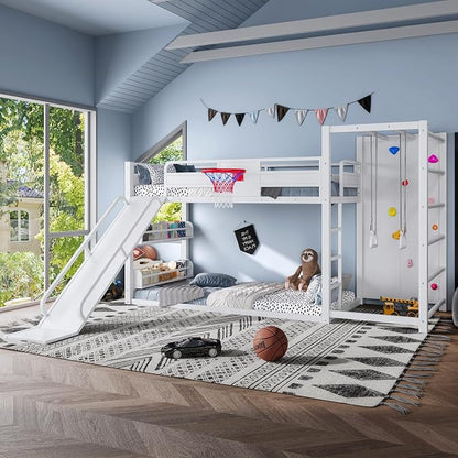Bellemave Twin Size Bunk Bed with Basketball Hoop, Pull-up Rings and Climbing Wall, Twin Bunk Bed with Slide and Bookcase, Heavy Duty Bunk Beds with Guardrail, White