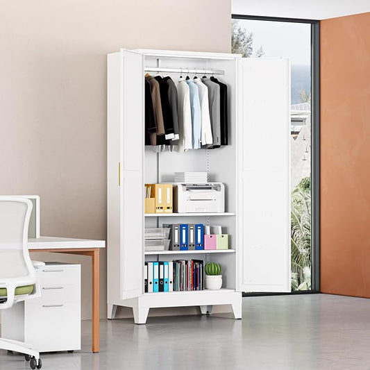 Steel Armoire Wardrobe Closet with 2 Doors and 2 Shelves, 71" H Freestanding Wardrobe Cabinet, Large Closet with Hanging Rod, White Metal Closets, Bedroom Armoire for Bedroom, Office