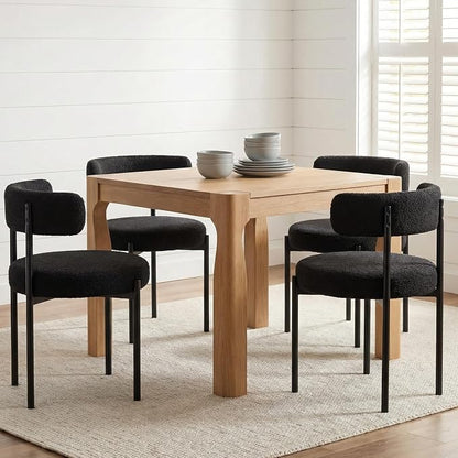 Boucle Dining Chairs Set of 2, Black Dining Chairs with Upholstered Seat and Round Back, Mid-Century Modern Kitchen Chairs for Dining Room, Restaurant