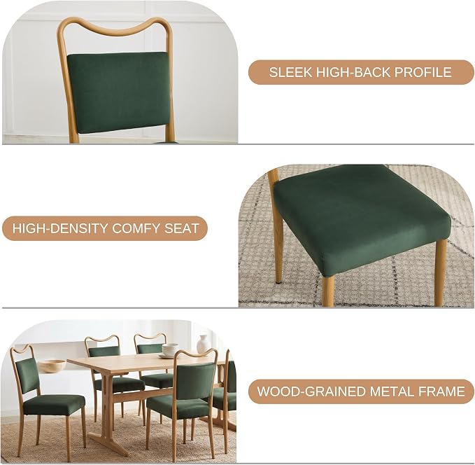 Velvet Dining Chairs Set of 4, Upholstered Dining Chairs with Wood Grained Metal Frame, Mid Century Modern Velvet Chairs for Dining Room, Kitchen and Restaurant,Velvet Green