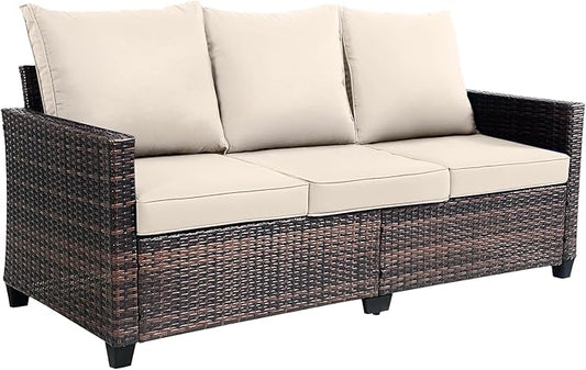3-Seat Outdoor Sofa, PE Rattan, Beige | High Back Support,Deep Seat Comfort,All-Weather Cushions,For Patio/Garden/Deck,Modern Style
