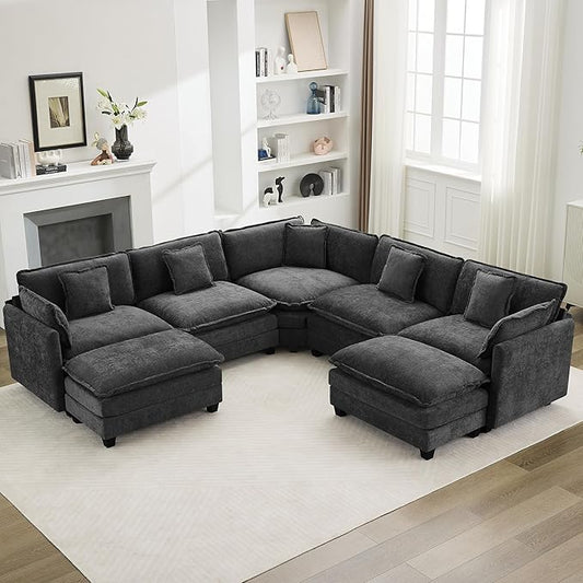 113'' V Shaped Cloud Sectional Sofa, Oversized Deep Seat Couches for Living Room, Chenille Comfy Upholstered Modular Sectional Sofa Couch with 2 Movable Ottoman, Dark Grey