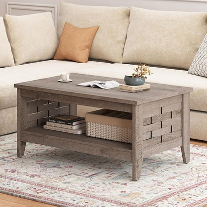 Giantex Farmhouse Coffee Table, 2-Tier Center Table with Storage Open Shelf & Woven Slatted Design, 39.5" Rectangular Accent Cocktail Table, Wood Coffee Tables for Living Room (Rustic Oak)