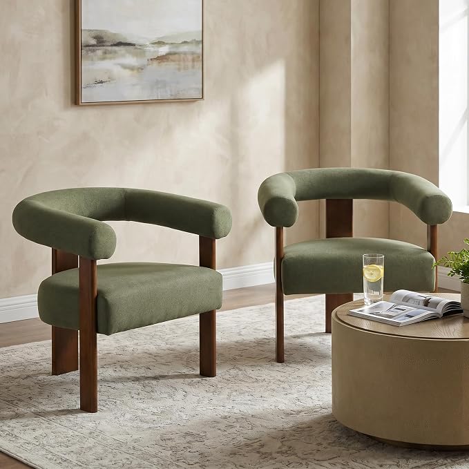 VKNOW Accent Chairs Set of 2, Living Room Chairs with Walnut Legs, Green | Mohair-type Fabric, Barrel Back, Armrests, For Adults and Family, Living Room, Bedroom, Vanity, No Wobble, Easy Assembly