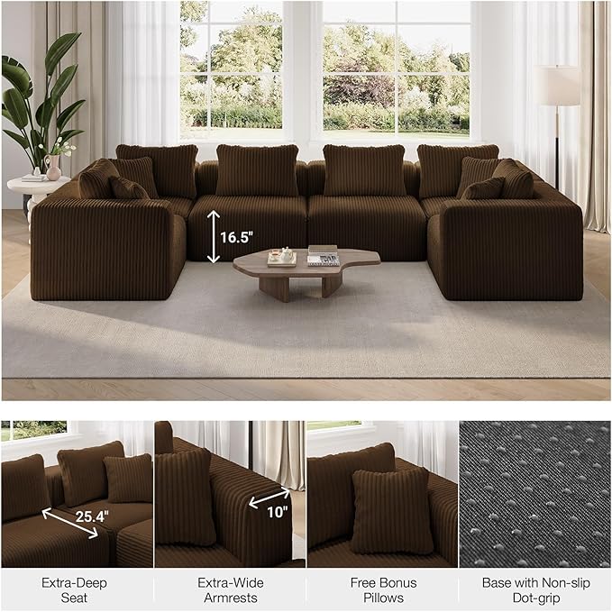 Novilla 141" Modular Sectional Sofa, Modern Cloud Sectional Couch with SmartS Coil® Support, U-Shape Upholstered Boneless Couch for Living Room Apartments Bedroom, No Assembly Required, Brown (6 Seat)