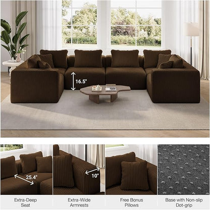 Novilla 141" Modular Sectional Sofa, Modern Cloud Sectional Couch with SmartS Coil® Support, U-Shape Upholstered Boneless Couch for Living Room Apartments Bedroom, No Assembly Required, Brown (6 Seat)