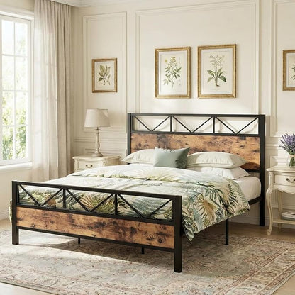 LIKIMIO California King Bed Frame, Tall Industrial Headboard 51.1 ", Platform Bed Frame with Strong Metal Support, Solid and Stable, Noise Free, No Box Spring Needed, Easy Assembly, Vintage Brown
