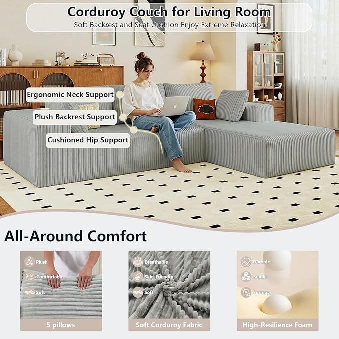 95" Cloud Sectional Couch with L-Shape Chaise, Modular Comfy Sofa Chaise Longue, Upholstered Corduroy Couches Sleeper with Deep Seat for Living Room, No Assembly Required(Light Grey, Right Facing)