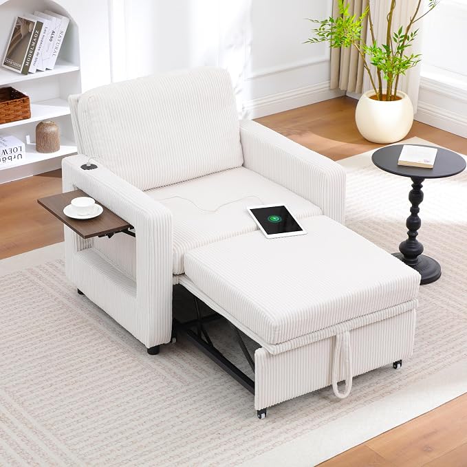 3 in 1 Folding Convertible Sleeper Sofa Bed Pull Out Couch with Side Pockets USB Port Side Table Single Sofa Bed with Adjustable Backrest for Living Room Bedroom 66" Beige 1 SEAT