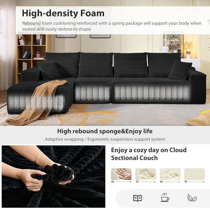 135” Cloud Sectional Couch, Boneless Sofa for Living Room, Modular Sectional Sofa with Deep Seat, Fluffy Couch with L-Shaped Chaise, No Assembly Required Black