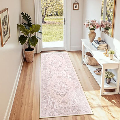 RELEANY Area Rugs Runner 2'x6' Washable Non-Slip, Floral Vintage Distress Medallion Carpet for Kitchen Hallway Bedroom Beside Laundry Room Bathroom, Pink Greypink Cute