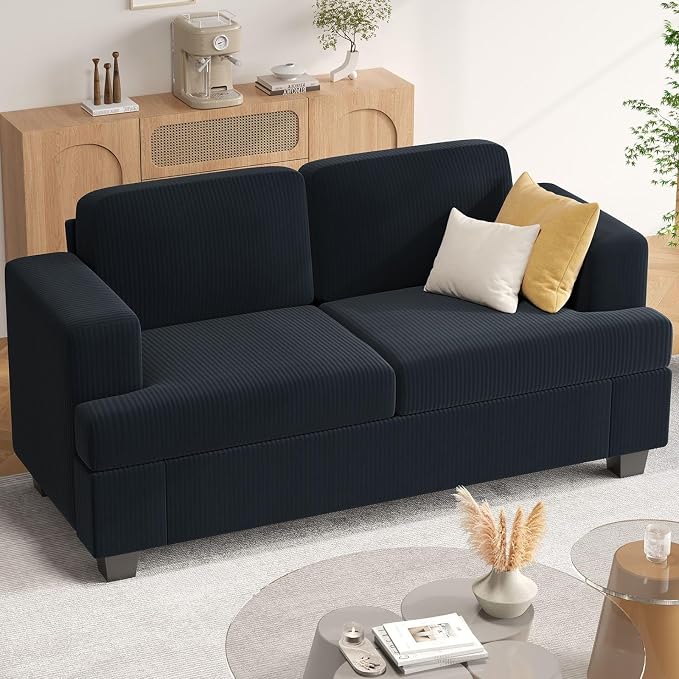 Apicizon 63" Loveseat Sofa Couch, Cloud Couch Lounge Sofa with 2 Cushion for Bedroom, Corduroy Lounge Sofa for Living Room Aparment, Dark Grey