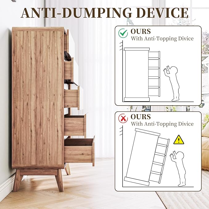 3-Piece Farmhouse Bedroom Storage Set, 5-Drawer Chest & Nightstands Set of 2 with Charging Station, Handle-Less Design, Rounded Corners, Anti-Tip Safety Furniture, Natural