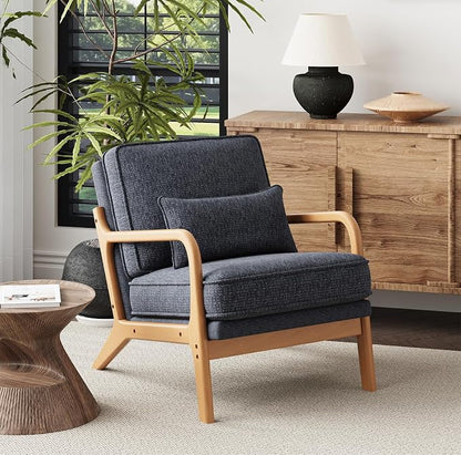 MALOL Accent Chair with Solid Wood Frame, Mid-Century Relaxing Armchair Lumbar Pillow& Soft Cushion, Reading Leisure Chair for Living Room, Bedroom, Waiting Room-Blue