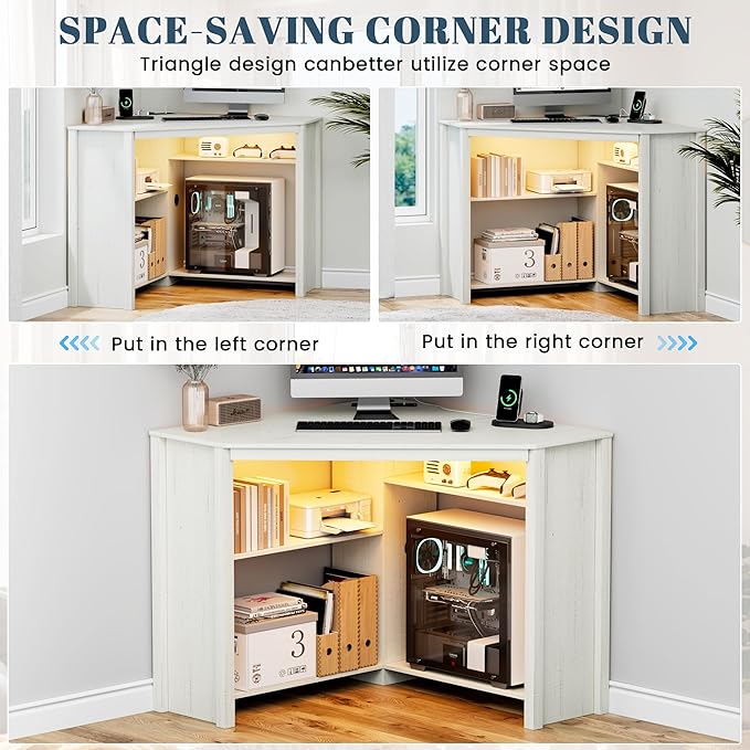 Corner Desk with Charging Station and LED Lights, White | Triangle gaming computer desk for home office, Features space saving storage shelves, CPU stand, and smart LED light