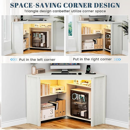 Corner Desk with Charging Station and LED Lights, White | Triangle gaming computer desk for home office, Features space saving storage shelves, CPU stand, and smart LED light