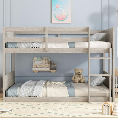 Twin Over Twin Floor Bunk Bed with Ladder,Rustic Rubber Wood Kids Beds with Panelled Headboard & Footboard,Safety Guardrails,Low-Profile Space-Saving Vintage Bunks for Children Bedroom,Antique White
