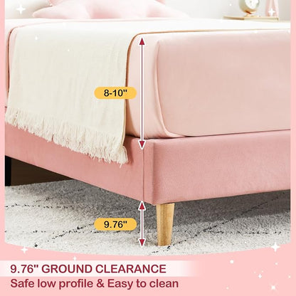GarveeHome Twin Bed Frame, Upholstered Platform Bed with Wave Headboard for Girls/Kids, Easy Assembly, Wooden Slats Support, No Box Spring Needed, Velvet Pink