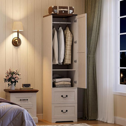 Armoire Wardrobe Closet with Reversible Hinge Doors and Adjustable Shelves, 71” Tall Farmhouse Narrow Wardrobe Closet with 2 Drawers and Hanging Rod, Rustic Wooden Armoire Closet for Bedroom, White