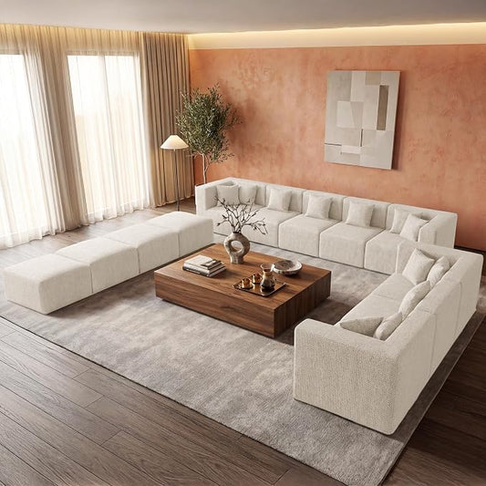 MONVANE Modular Sectional Sofa, Oversized 12 Seat Convertible U Shaped Couch with Ottoman, Comfy Chenille Cloud Couch with Deep Seat, Sectional Couches for Living Room, No Assembly Required, Beige