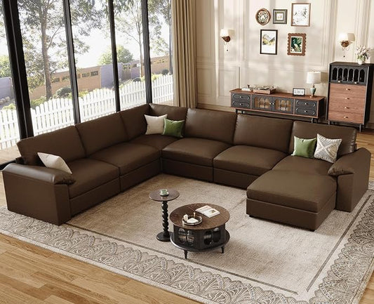 EASE MOOSE Faux Leather Sectional with Ottoman,Oversized Modular Couch,Vintage Modular Sectional Sofa with Deep Seat,Scratch Resistant Faux Leather Material,U Shaped Couch for Big Spaces,Deep Brown