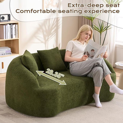 66" Curved Loveseat Sofa for Small Space, Boneless Chenille Boucle Cloud Couch, Luxury Extra High Back & Deep Seat, Oversized Comfort with No Assembly Required for Office, Dorm (Green)