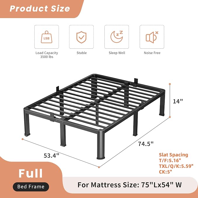 VIPSHOW 14 Inch Full Heavy Duty 3500 lbs Bed Frame with Round-Corner Legs & Anti-Squeak Design – Quick Assembly Metal Platform, No Box Spring Needed