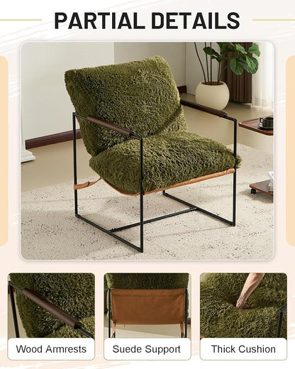 Karl home Modern Metal Frame Accent Chair, Green | Plush Fleece Upholstered, Wood Padded Armrest, 28" Seat Width, Comfy Lounge Armchair for Living Room, Bedroom, Apartment