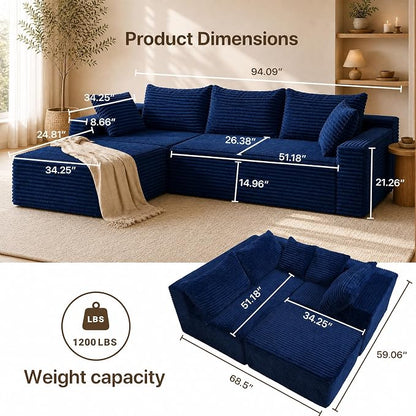 Claiks 94" Boneless Couch, Cloud Couch Sectional, L-Shape Corduroy Modular Sectional Sofa Deep Seat, Upholstered Couches for Living Room, No Assembly Required, Blue
