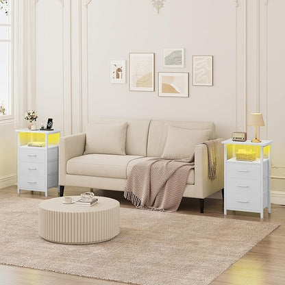 Vagusicc Night Stand with Charging Station, LED Nightstand for Bedroom, White Bedside Table with 3 Fabric Drawers, End Table Side Table with USB Ports and Outlets, Bed Side Table for Bedroom, White