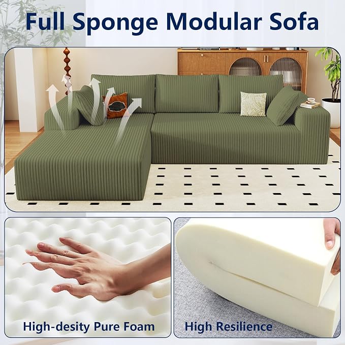 96" Modular Sectional Sofa, Modern Corduroy Cloud Couch with Deep Seat, Boneless Couch Upholstered 3-Seater L-Shaped Sofa for Living Room, No Assembly Required (Green, Left-Facing Chaise)
