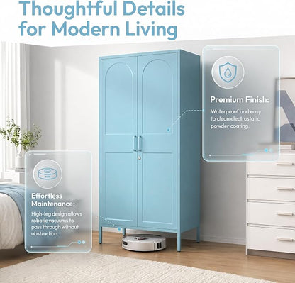 Lockable Metal Wardrobe Closet with Hanging Rod and 3 Adjustable Shelves,67" Metal Storage Cabinet with 2 Doors,Steel Armoire Wardrobe Closet for Bedroom Living Room Cloak Room (Blue)