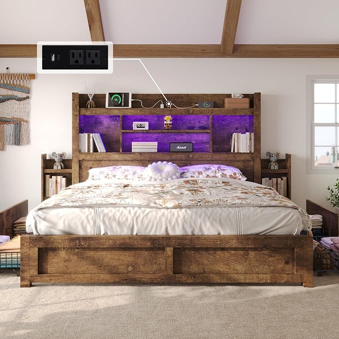 LUXOAK California King Bed Frame with 49.6" Bookcase Headboard & 2 Bedside Stoage Racks & 4 Drawers, Farmhouse Wood Bed Frame with RGB LED & Charging Station, No Box Spring Needed, Rustic Brown