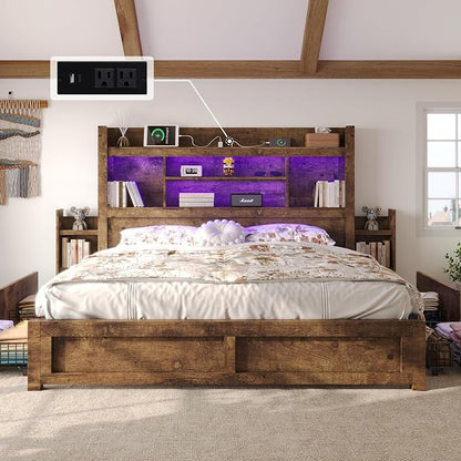 LUXOAK California King Bed Frame with 49.6" Bookcase Headboard & 2 Bedside Stoage Racks & 4 Drawers, Farmhouse Wood Bed Frame with RGB LED & Charging Station, No Box Spring Needed, Rustic Brown