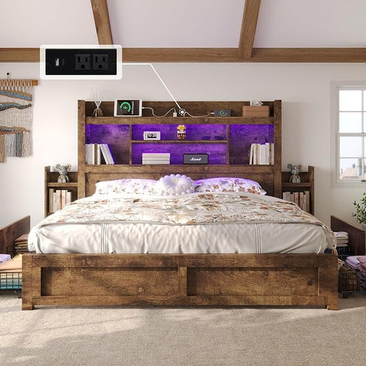 LUXOAK California King Bed Frame with 49.6" Bookcase Headboard & 2 Bedside Stoage Racks & 4 Drawers, Farmhouse Wood Bed Frame with RGB LED & Charging Station, No Box Spring Needed, Rustic Brown