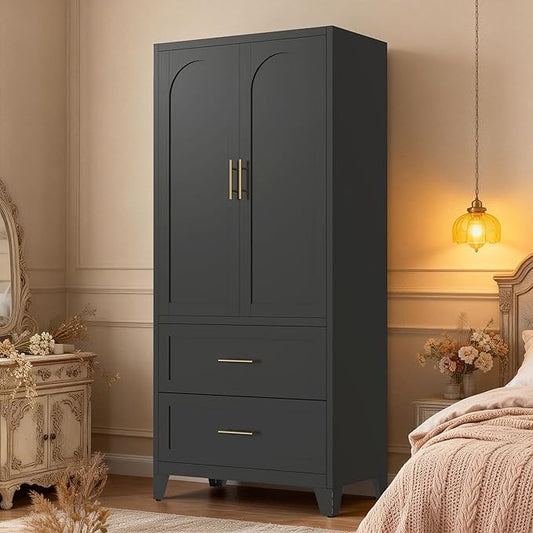 Anwick Metal Wardrobe Closet, 71" Tall Black Metal Wardrobe Cabinet with Hanging Rod, 2 Drawers, 2 Doors and Adjustable Shelf for Bedroom Guest Room Laundry Room (Black, 71" Tall)