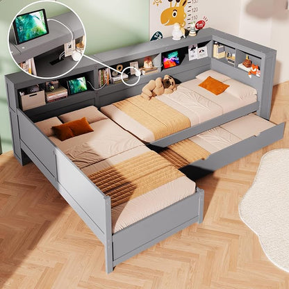 Bellemave L Shaped Corner Bed for 2 Kids, Double Twin Platform BedFrame with Trundle and 5 Storage Shelves, Charging Station, Gray
