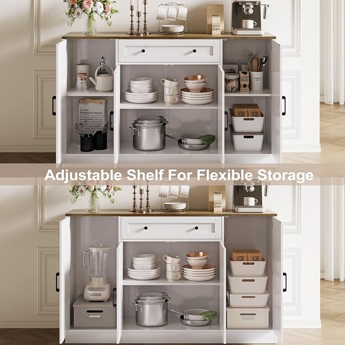 Buffet Cabinet with Storage, 55" Large Sideboard Storage Cabinet with Drawer, 4 Doors and Shelves, Modern Farmhouse Coffee Bar Table Kitchen Island Credenza for Kitchen, Entryway, Dining, Living Room