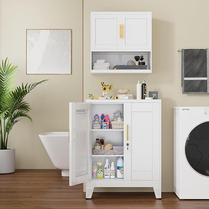 GAIOUS 36" Metal Floor Storage Cabinet, Locked Steel Storage Cabinets with 2 Doors and 2 Adjustable Shelves, White Kitchen Cabinet, Freestanding Cabinet for Home/Office/Garage/Tool Room/Bathroom
