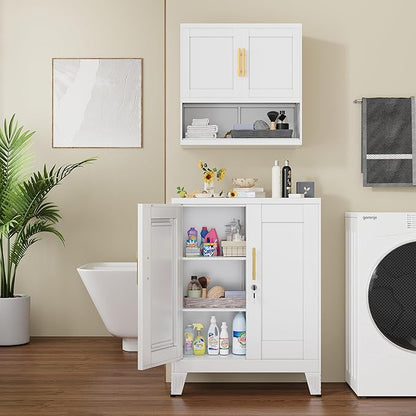 GAIOUS 36" White Floor Storage Cabinet, Locked Metal Storage Cabinets with 2 Doors and 2 Adjustable Shelves, Sideboard Buffet Cabient, Freestanding Cabinet for Home/Office/Garage/Tool Room/Bathroom