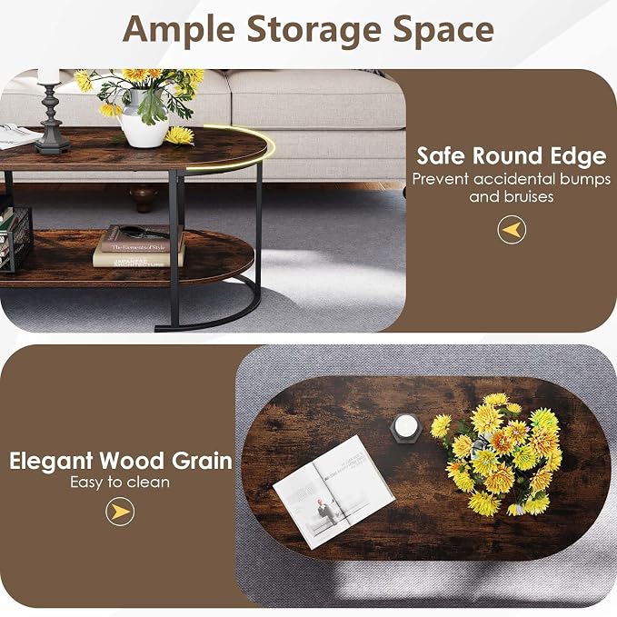 Giantex 2-Tier Coffee Table, Oval Center Table with Wood Grain Top & Open Storage Shelf, Modern Accent Table with Heavy Duty Metal Frame, Cocktail Table for Living Room Reception (Rustic Brown)