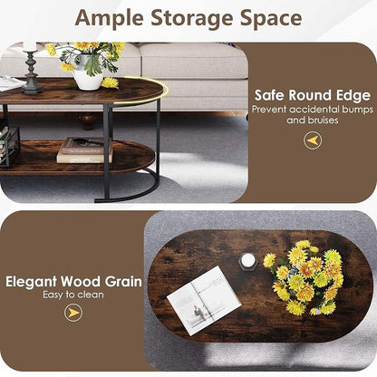 Giantex 2-Tier Coffee Table, Oval Center Table with Wood Grain Top & Open Storage Shelf, Modern Accent Table with Heavy Duty Metal Frame, Cocktail Table for Living Room Reception (Rustic Brown)